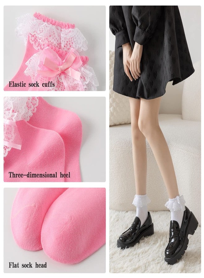 AMHRLINGTO Lace Ruffle Frilly Socks for Women - Lace Ankle Socks with Bow (White-3 Pairs) - Image 2